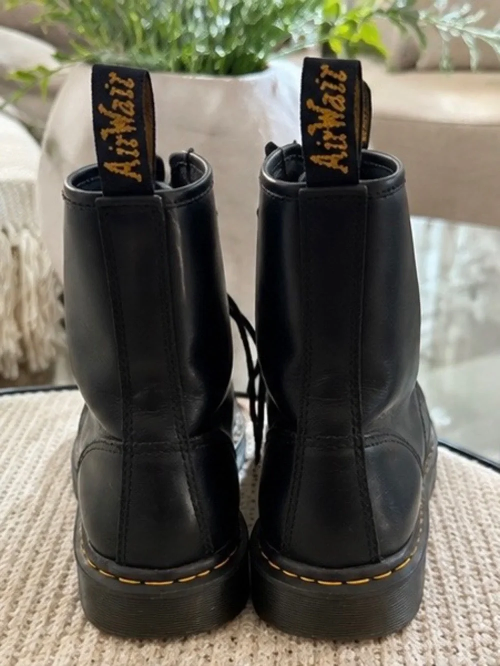Dr. Martens Black Leather Lace-Up Boots with Yellow Stitching